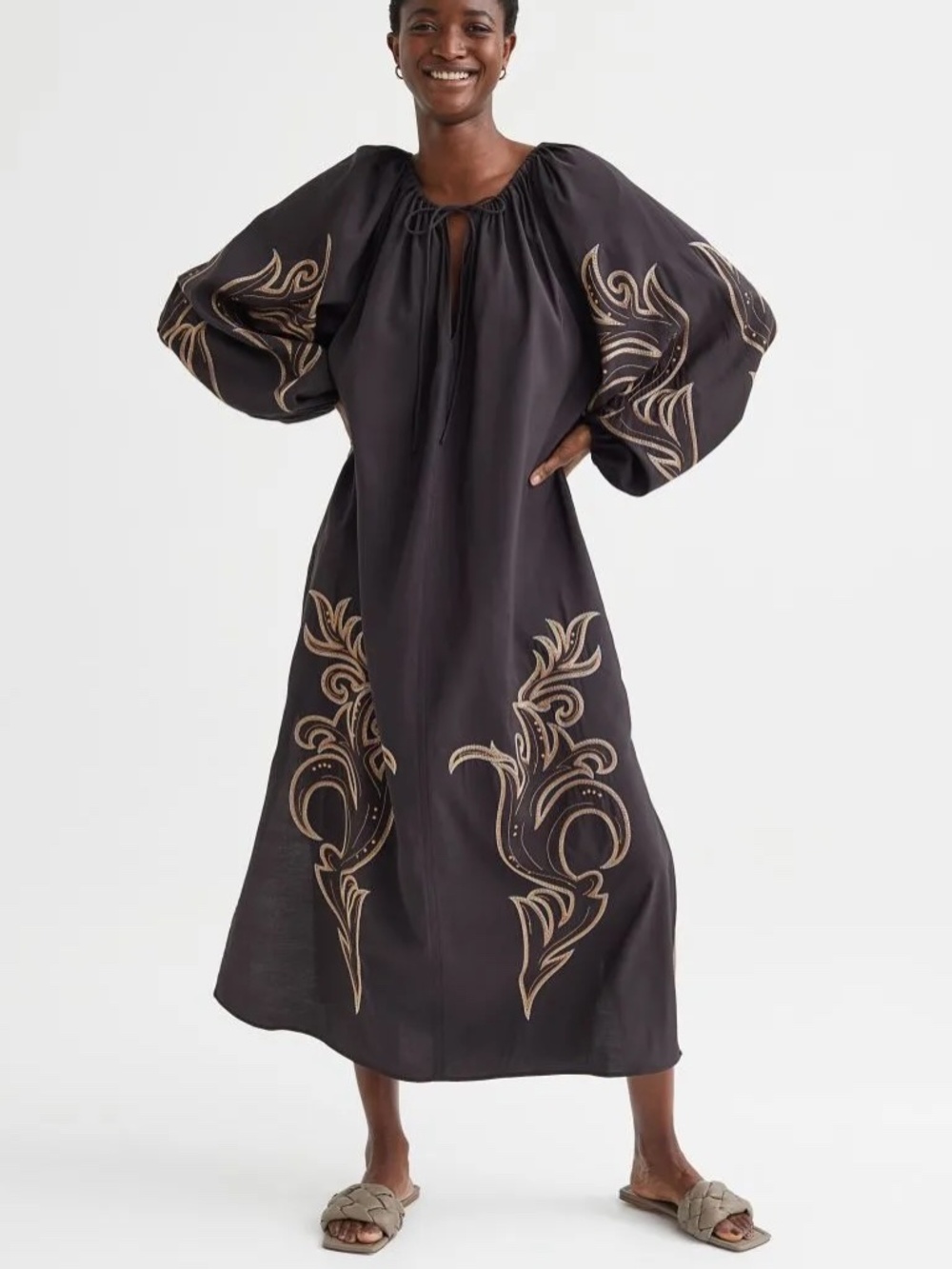 H&M Balloon-Sleeved Embroidered Midi Dress Size M Boho Charcoal Black